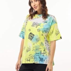 Bewakoof Women's All Over Printed Oversized Fit Half Sleeve Round Neck Cotton Jersey T-Shirt