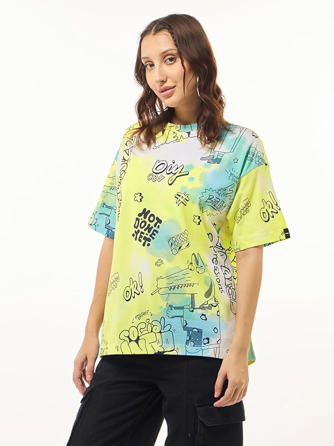 Bewakoof Women's All Over Printed Oversized Fit Half Sleeve Round Neck Cotton Jersey T-Shirt
