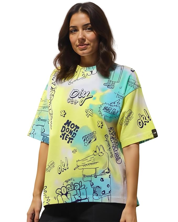 Bewakoof Women's All Over Printed Oversized Fit Half Sleeve Round Neck Cotton Jersey T-Shirt - Image 2