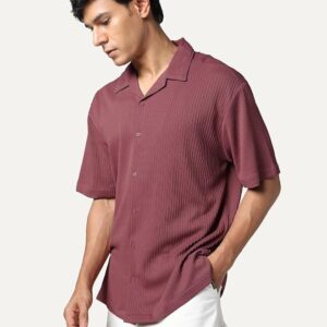 Urbano Fashion Men's Cotton Half Sleeve Oversized Fit Textured Shirt with Cuban Collar