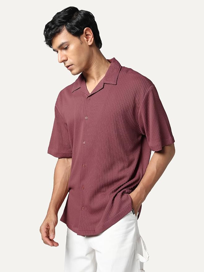 Urbano Fashion Men's Cotton Half Sleeve Oversized Fit Textured Shirt with Cuban Collar