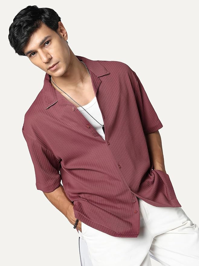 Urbano Fashion Men's Cotton Half Sleeve Oversized Fit Textured Shirt with Cuban Collar - Image 2