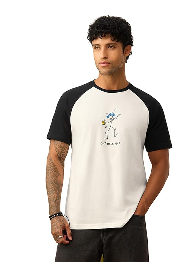 The Souled Store Casual Classics: Out of Office Men and Boys Short Sleeve Round Neck White Graphic Printed Cotton Breathable Relaxed Fit Lightweight Casual T-Shirts